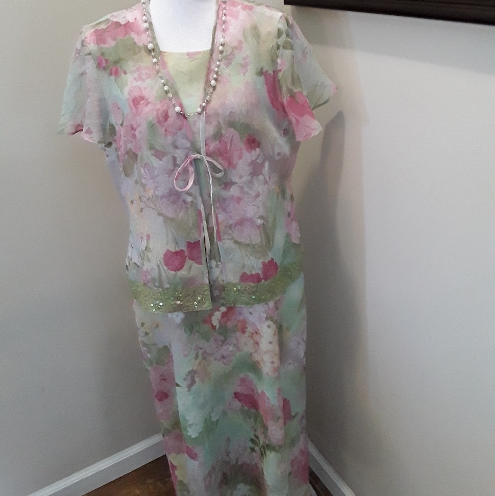 Studio 1 petite green floral 2pc jacket dress set